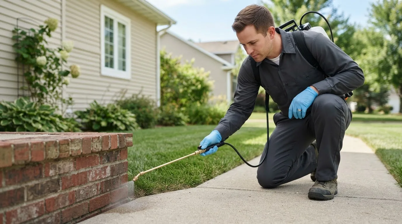 Pest control technician treating a home near Ravia, OK